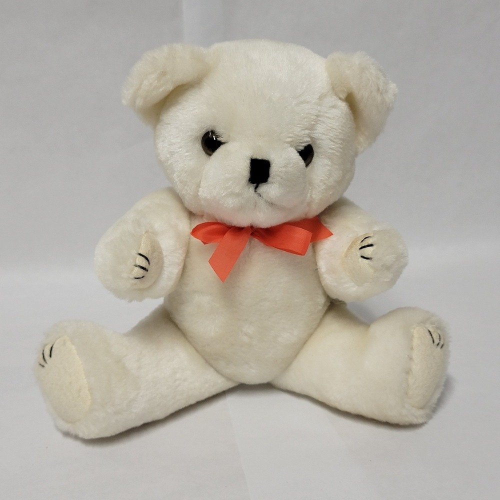 Vintage Poseable Teddy Bear Plush Toy Red Bow Sitting Stuffed Animal‎